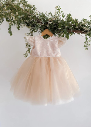 Beaded Champagne Lace Tulle V Back Cute Flower Girl Dress